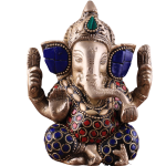 Small Pure Brass Lord Ganesha Idol with Stonework - 5" Height